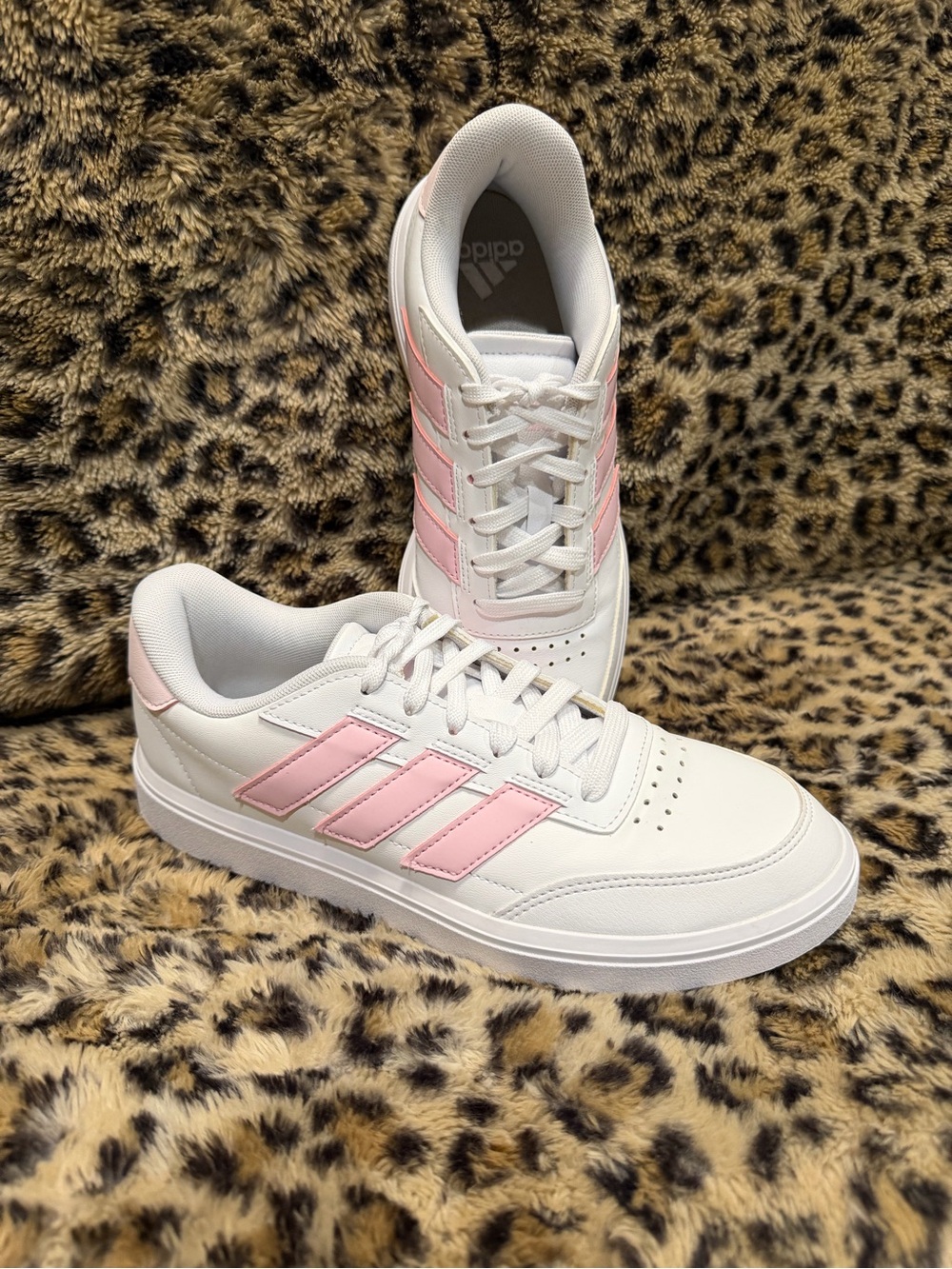 adidas Women's Courtblock Sneakers, White with Pink Stripes